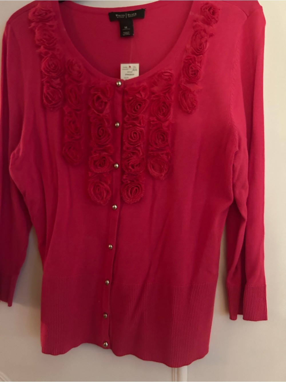 White House Black Market Hot Pink Rose-Applique Cardigan